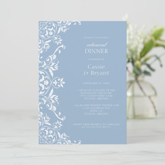 Dusty Blue Romantische repetitie Dinner Invitation Kaart (Staand voorkant)