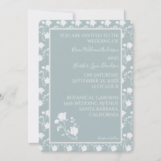 Dusty Blue  Roos bruiloft uitnodiging (Voorkant)