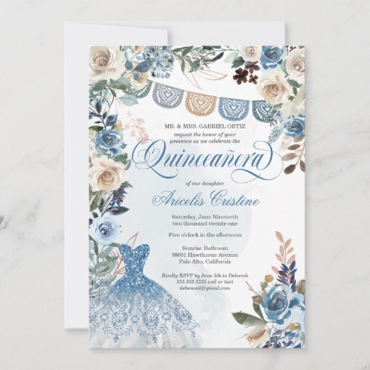 Dusty Blue Roos Country Flowers Quinceañera Kaart (Voorkant)