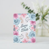 Dusty Blue Roos en Roze Floral Save the Date Briefkaart (Staand voorkant)