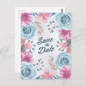 Dusty Blue Roos en Roze Floral Save the Date Briefkaart (Voorkant / Achterkant)