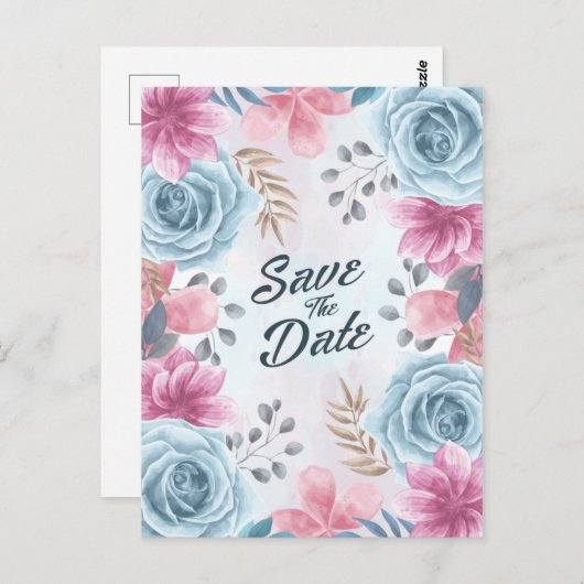 Dusty Blue Roos en Roze Floral Save the Date Briefkaart (Voorkant / Achterkant)
