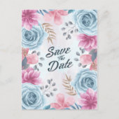 Dusty Blue Roos en Roze Floral Save the Date Briefkaart (Voorkant)
