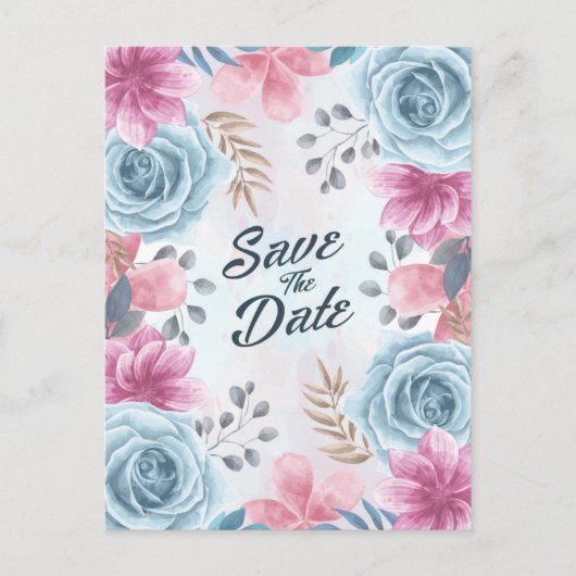 Dusty Blue Roos en Roze Floral Save the Date Briefkaart (Voorkant)