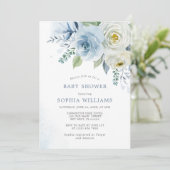 Dusty Blue Roos Floral Baby shower Invitation Kaart (Staand voorkant)