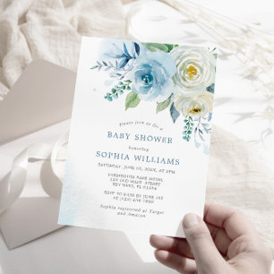 Dusty Blue Roos Floral Baby shower Invitation Kaart