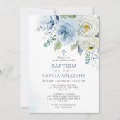 Dusty Blue Roos Floral Baptism Invitation Kaart (Voorkant)