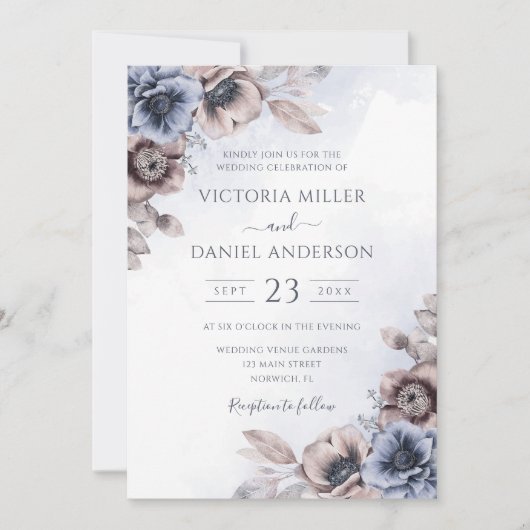 Dusty Blue Roos Floral Botanical Wedding Kaart (Voorkant)