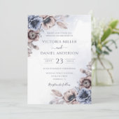 Dusty Blue Roos Floral Botanical Wedding Kaart (Staand voorkant)