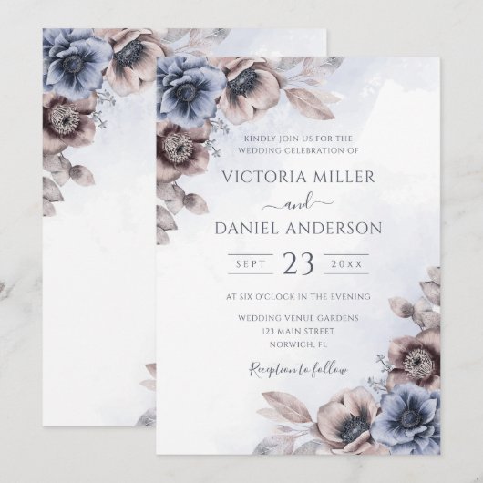 Dusty Blue Roos Floral Botanical Wedding Kaart (Voorkant / Achterkant)