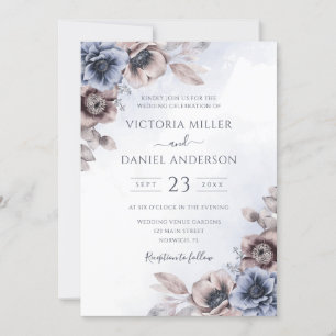 Dusty Blue Roos Floral Botanical Wedding Kaart