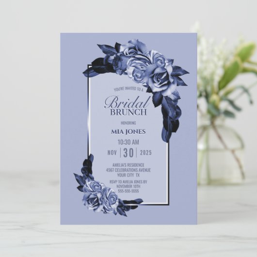 Dusty Blue Roos Floral Bridal Brunch Kaart (Staand voorkant)