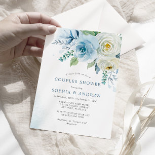 Dusty Blue Roos Floral Couples Shower Invitation Kaart