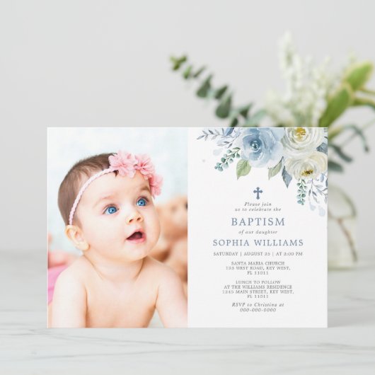Dusty Blue Roos Floral Photo Girl Baptisme Kaart (Staand voorkant)