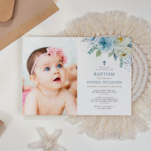 Dusty Blue Roos Floral Photo Girl Baptisme Kaart