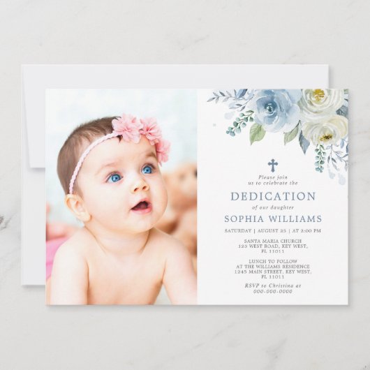 Dusty Blue Roos Floral Photo Girl Dedication Kaart (Voorkant)