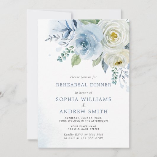 Dusty Blue Roos Floral Rehearsal Dinner Invitation Kaart (Voorkant)