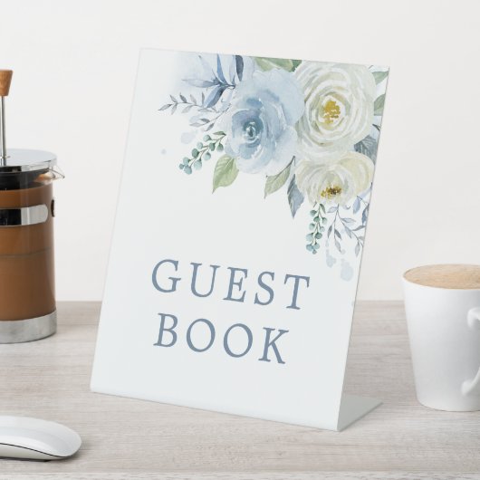 Dusty Blue Roos Floral Shower Guest Book Sign Reclamebord Met Voetstuk (Insitu)