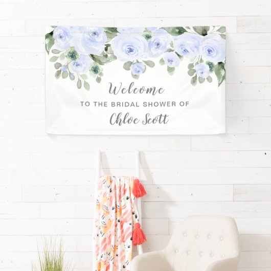 Dusty Blue Roos Floral Vrijgezellenfeest Welcome Spandoek (Insitu)
