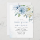 Dusty Blue Roos Floral Wedding Invitation Kaart (Voorkant)