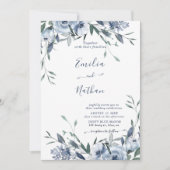 Dusty Blue Roos Floral Wedding Invitation Kaart (Voorkant)