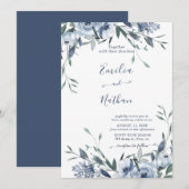 Dusty Blue Roos Floral Wedding Invitation Kaart (Voorkant / Achterkant)