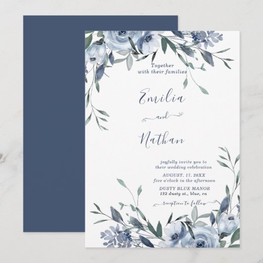 Dusty Blue Roos Floral Wedding Invitation Kaart (Voorkant / Achterkant)