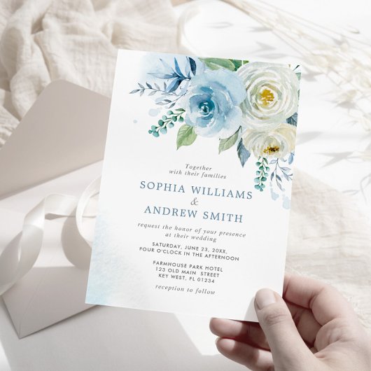Dusty Blue Roos Floral Wedding Invitation Kaart