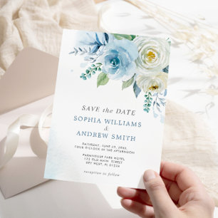 Dusty Blue Roos Floral Wedding Save the Date Kaart