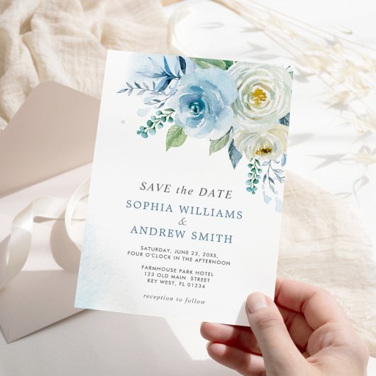 Dusty Blue Roos Floral Wedding Save the Date Kaart