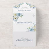 Dusty Blue Roos Flowers Wedding All In One Uitnodiging (Buitenkant)