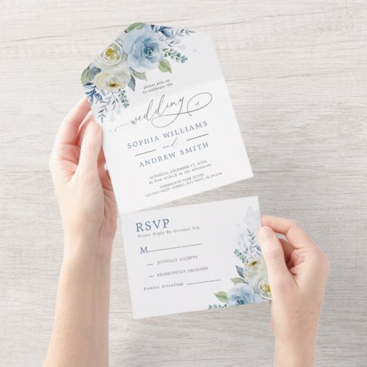 Dusty Blue Roos Flowers Wedding All In One Uitnodiging (Afscheurbaar)