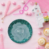 Dusty Blue Roos Glittery Monogram Elegant Wedding Papieren Bordje (Feest)