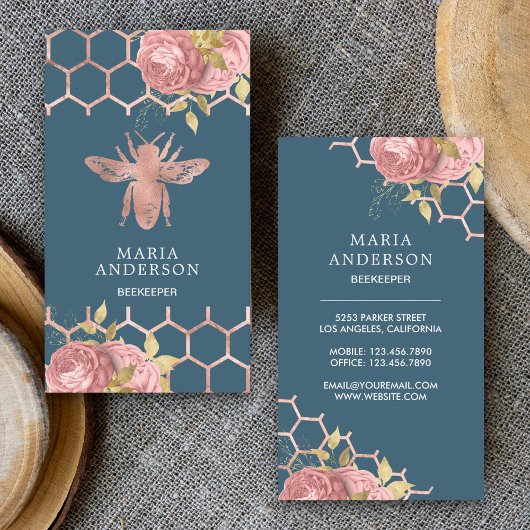 Dusty Blue Roos Gold Blush Pink Floral Honey Bee Visitekaartje