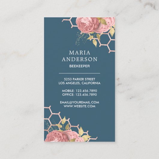 Dusty Blue Roos Gold Blush Pink Floral Honey Bee Visitekaartje (Achterkant)