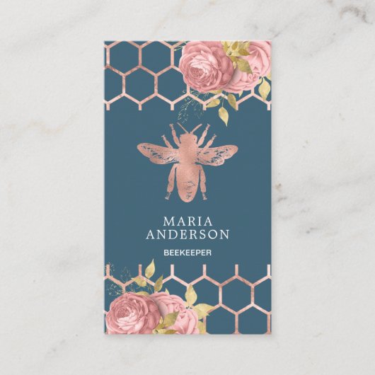 Dusty Blue Roos Gold Blush Pink Floral Honey Bee Visitekaartje (Voorkant)