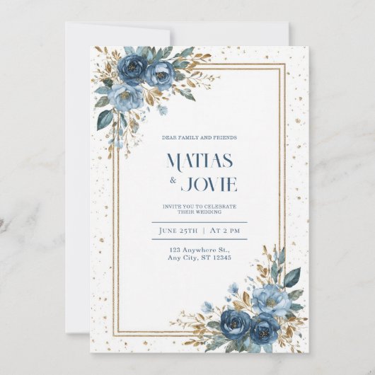 Dusty Blue Roos & Gold Botanical Wedding Kaart (Voorkant)