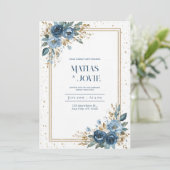 Dusty Blue Roos & Gold Botanical Wedding Kaart (Staand voorkant)