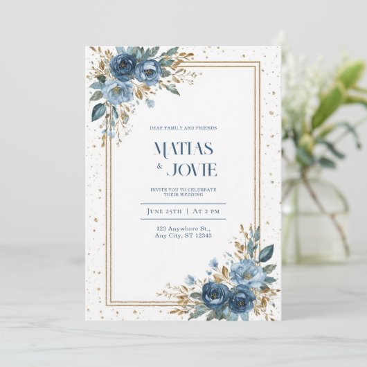 Dusty Blue Roos & Gold Botanical Wedding Kaart (Staand voorkant)