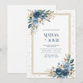 Dusty Blue Roos & Gold Botanical Wedding Kaart (Voorkant / Achterkant)