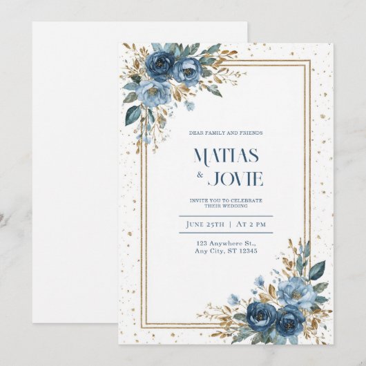 Dusty Blue Roos & Gold Botanical Wedding Kaart (Voorkant / Achterkant)