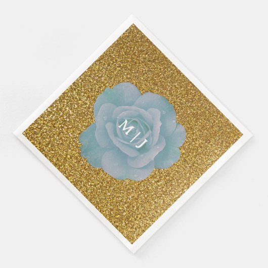 Dusty Blue Roos Gold Glitter Monograms Wedding Servet (Hoek)