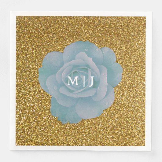 Dusty Blue Roos Gold Glitter Monograms Wedding Servet (Voorkant)