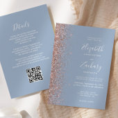Dusty Blue Roos Gold Glitter QR Code Wedding Kaart