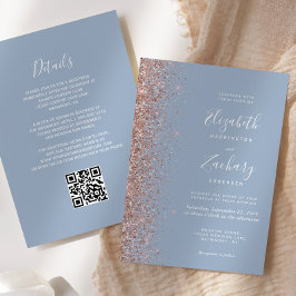 Dusty Blue Roos Gold Glitter QR Code Wedding Kaart