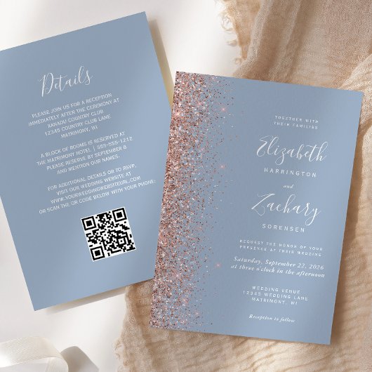 Dusty Blue Roos Gold Glitter QR Code Wedding Kaart