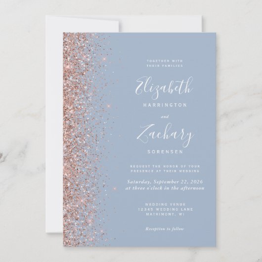 Dusty Blue Roos Gold Glitter QR Code Wedding Kaart (Voorkant)