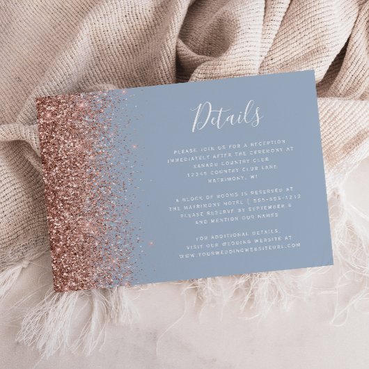 Dusty Blue Roos Gold Glitter Wedding Details Informatiekaartje