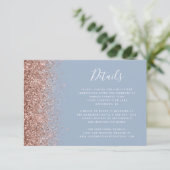 Dusty Blue Roos Gold Glitter Wedding Details Informatiekaartje (Staand voorkant)