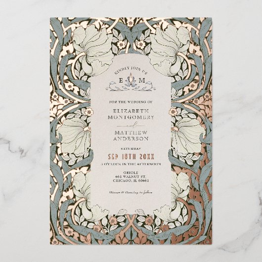 Dusty Blue Roos Gold Pimpernel William Morris Folie Uitnodiging (Voorkant)